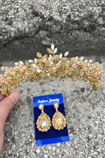 Hobigram Michaelle Gold Bridal Henna Crown Accesoriu pentru ocazie specială Coroană pentru femei și set de cercei cu picătură