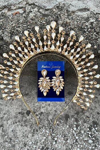 Hobigram Michaelle Gold Bridal Henna Crown Accesoriu pentru ocazii speciale Coroană pentru femei și set de cercei subțiri
