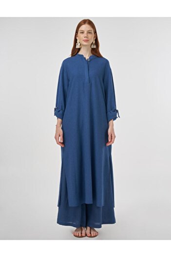 Kayra Κανονικός γιακάς Λινό Βισκόζη Μπλούζα Indigo