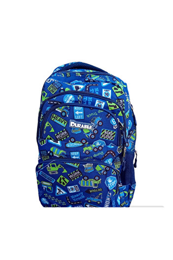 Durable School bag 4 compartments, 2 side pockets, Boys, Blue, Road signs, 45x30x13 cm