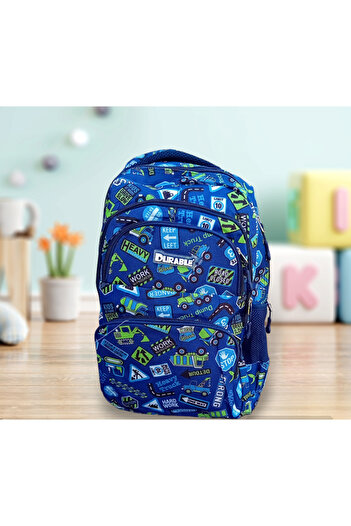 Durable School bag 4 compartments, 2 side pockets, Boys, Blue, Road signs, 45x30x13 cm