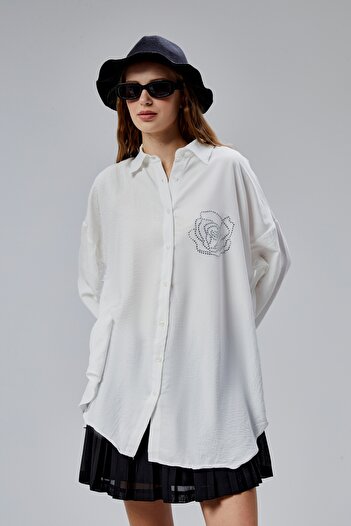 TF The Fancy For You Kadın Taş Detaylı Uzun Kollu Oversize Gömlek