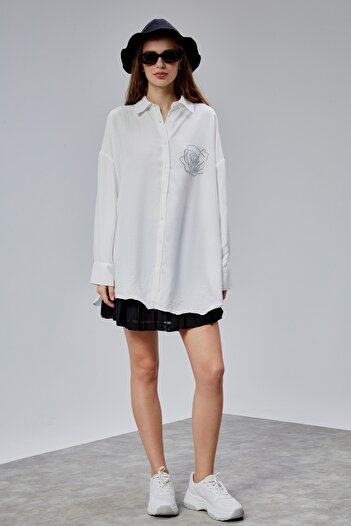 TF The Fancy For You Kadın Taş Detaylı Uzun Kollu Oversize Gömlek
