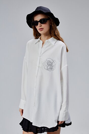 TF The Fancy For You Kadın Taş Detaylı Uzun Kollu Oversize Gömlek