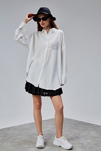 TF The Fancy For You Kadın Taş Detaylı Uzun Kollu Oversize Gömlek