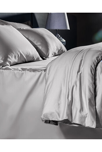 Madame Coco Thalie King Size 100% Cotton Striped - 300Tc Satin Duvet Cover Set - Gray