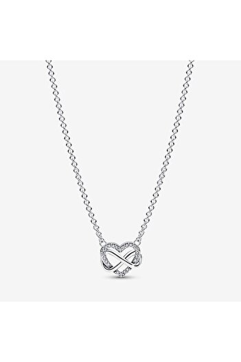 Pandora Necklace With Shiny Heart Pendant Zirconia And Infinity Sign 925 Silver