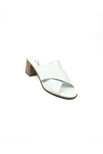 Charmia Babalı 1512 Charmia White Leather Heeled Women's Slippers