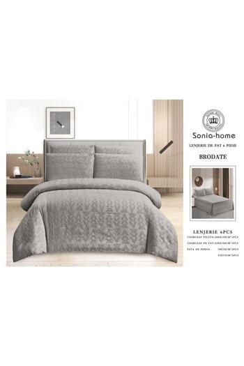 sonia home damasc Embroidered Cotton Bed Linen, Geometric Design, 6 Pieces - Sonia Home Design - Gray