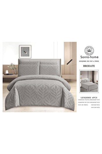 sonia home damasc Embroidered Cotton Bed Linen, Herringbone Design, 6 Pieces - Sonia Home Design - Gray