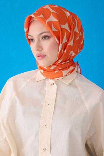 Belli Twill Silk Scarf 4117D Geometric Pattern Orange-Beige-31