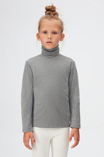 LOVETTI Ice Gray Basic Winter Full Turtleneck Long Sleeve Girl's T-Shirt