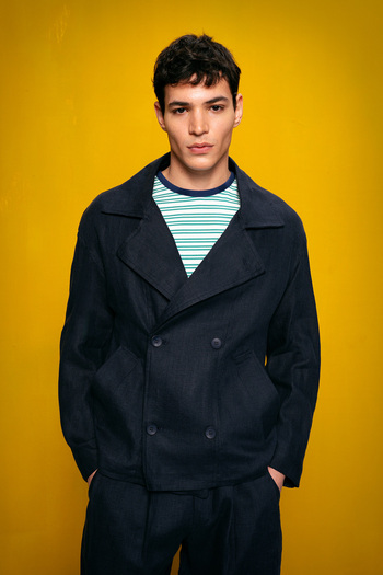 GIESTO 100% Linen Double-Breasted Dark Blue Jacket