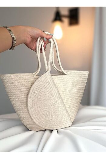 Katusa Women's 2 Pack Cream Yarn Knitted Zipper Clanc and Large Beach Bag