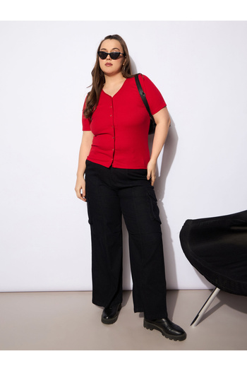 Sassafras By Styli Plus Size V-Neck Buttoned Short Sleeve Top