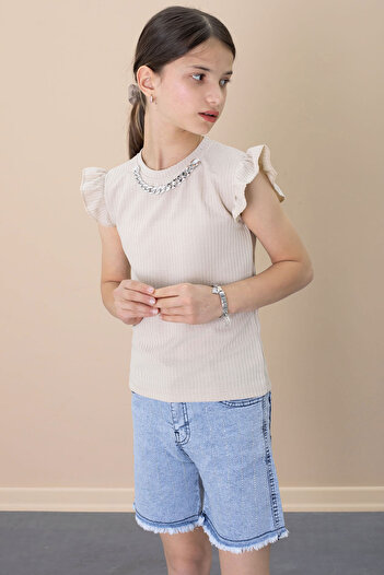 Cansın Mini Sequined Jean Shorts Beige Necklace Detailed Badi Girl's 2 Piece Set 21109