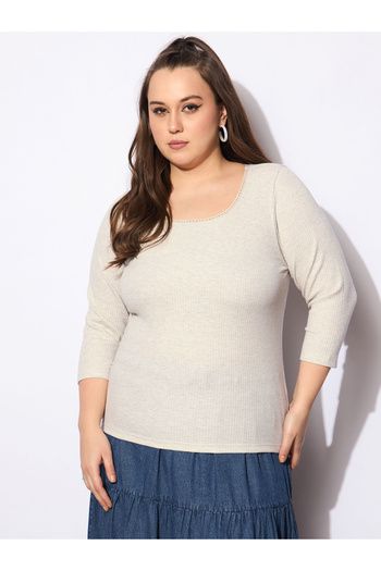 Sassafras By Styli Plus Size Melange Round Neck Lace Detail Top