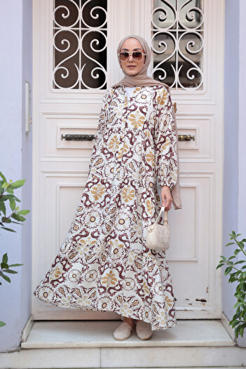 LOCCO Women's Anatolian Breeze Pattern Dress Brown