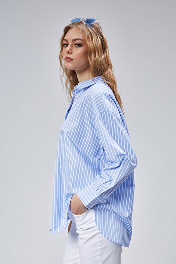 TF The Fancy For You Kadın Oversize Uzun Kollu Pamuklu Çizgili Gömlek