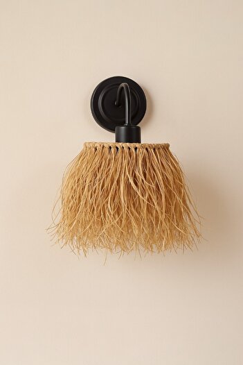 oceanpoint Raffia Wall Sconce, Natural, Black Metal Body, Boho Style Handmade Lighting, 27X22 cm