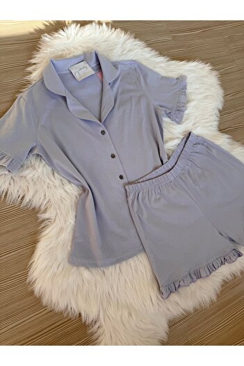 Pijamacs Light Lilac Cotton Short Sleeve Front Button Shorts Pajama Set with Ruffle Detail on Sleeves and Legs