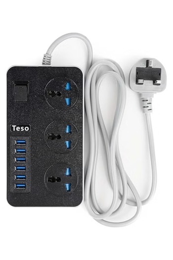 TESO سلك تمديد طاقة بطول مترين - 3 مقابس طاقة و6 منافذ شحن USB سريعة، شريط طاقة عالي التحمل