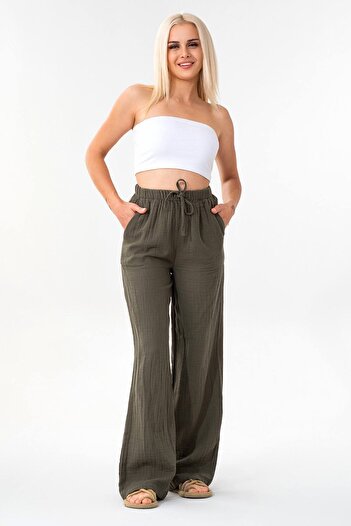Fashion Showcase Muslin 100% Natural Cotton Elastic Waist Wide Leg Trousers Khaki
