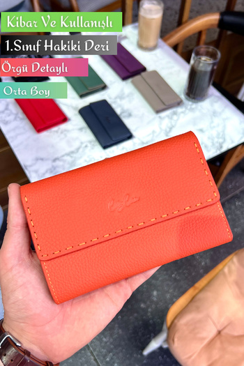 CüzCan Jesi Orange Genuine Leather Women's Wallet Medium Size Stylish and Convenient