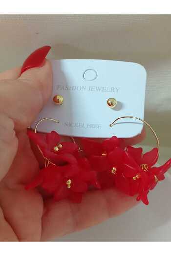 mos&more 4 Pieces Red Flower Gold Hoop Women's Earrings