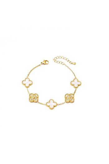 Tessero Bratara de dama, model in forma de trifoi, pietre zirconiu, placat cu aur 18K, Tessero, alb