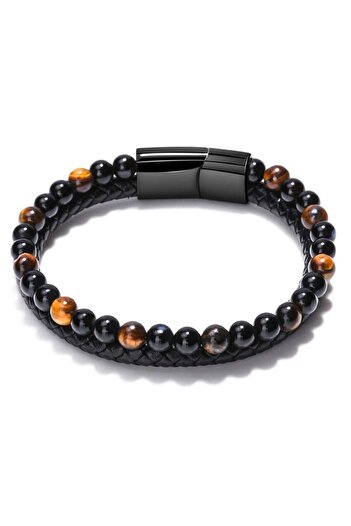 Tessero Double Bracelet Made of Leather and Semiprecious Stone, Magnetic Closure, 19 cm, Tiger Eye