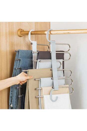 COOYA One Piece Hanger 5 Layers 2 Use Multifunctional Solid Metal and Wood Heavy Wardrobe Finishing Rack