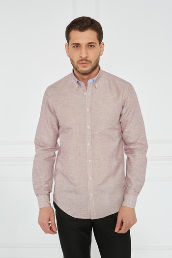 Paşahan Giorgianni Collar Button Garnished Linen Slim Fit Shirt