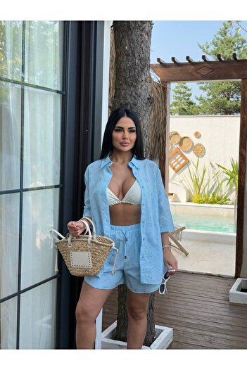 Friday Mood Women's Brode Detailed Shorts Shirt Set