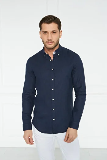 Paşahan Giorgianni Collar Button Garnished Linen Slim Fit Shirt