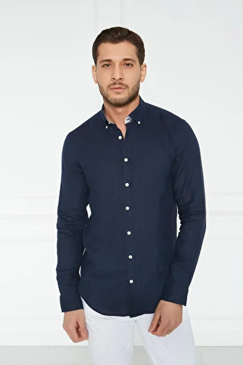 Paşahan Giorgianni Collar Button Garnished Linen Slim Fit Shirt