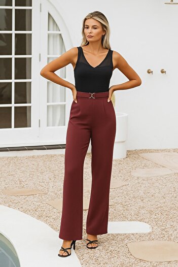 Fashion Friends Buckle Detailed Wide Leg Trousers Burgundy