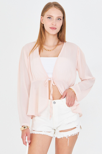 armonika Women's Powder Front Tie Detailed Chiffon Kimono Cardigan Arm-25Y001072