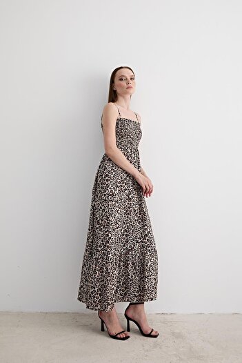 LEVURE Gipeli Leopar Desenli Askılı Uzun Elbise LEOPAR DESENLİ