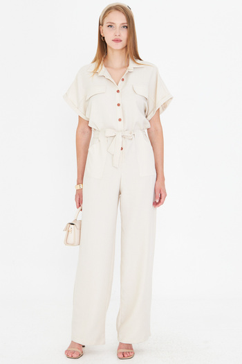 armonika Women's Ecru Front Buttoned Waist Belted Pocket Bat Sleeve Palazzo Jumpsuit Arm-24Y001105