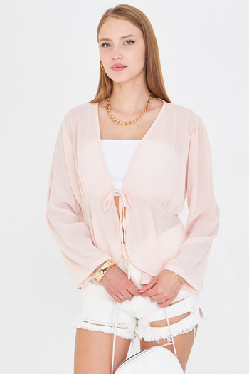 armonika Women's Powder Front Tie Detailed Chiffon Kimono Cardigan Arm-25Y001072
