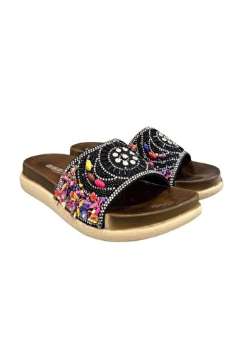 Esem Stone Bead Embroidered Buckle Anatomical Sole Slippers