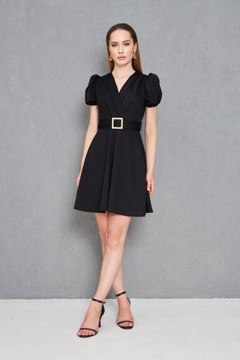vuvutasarım Women's Black Stone Belt Design Balloon Sleeve Double Breasted Collar Mini Flared Dress 77125
