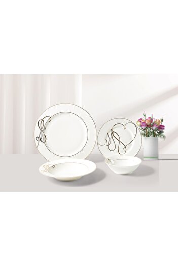 Bien Servi 16-Piece Heart Design Newbone Dinner Set White and Gold