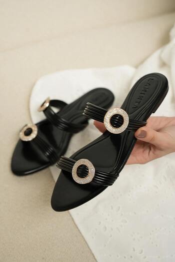 LamintaGlobal Tiana Black Stone Buckle Detailed Women's Slippers