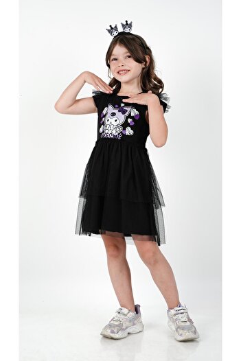 Buse&Eylül Bebe Kuromi Black Tulle Detailed Short Sleeve Girl's Dress