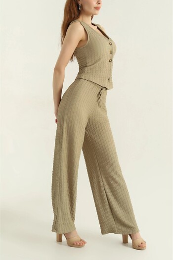 HARMONY GLOBAL Women's Khaki Seersucker Buttoned Vest and Wide Leg Pants Set – Modern, Stylish and Comfortable 4707