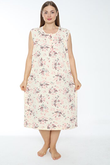 MİSS LOLİTA Women's Plus Size Patterned 100% Cotton Sleeveless Nightgown 531-B