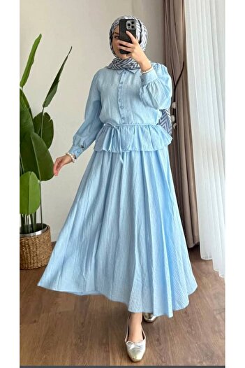 nizzell Women's Blue Ruffled Summer Double Suit - Hijab Clothing Combination