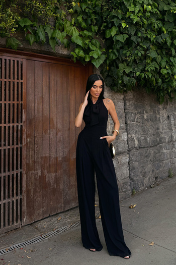 Seda Yalçın Atelier Black Relaxed Cut Jumpsuit with Tie Detail